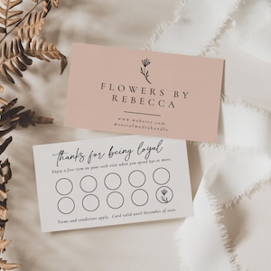 Modelo de cartão de fidelidade editável, cartão perfurado floral para clientes, design de cartão de recompensas editável, cartão de desconto para impressão faça você mesmo, cartão de carimbo do cliente