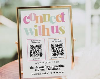 Rainbow Social Media Sign Canva Template QR Code, Follow Us On Social Media, Small Business Sign Template, Social Media Business Sign - Mel