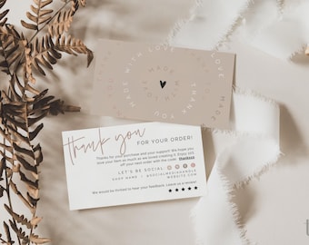 May include: Two rectangular thank you cards with beige and white backgrounds. The top card features circular text reading MADE WITH LOVE and THANK YOU with a central heart. The bottom card displays THANK YOU FOR YOUR ORDER text.