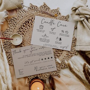 May include: Two rectangular cards with black text on a light beige background. One card titled Candle Care features icons and instructions for wick trimming and safety. The second card says Thank you for your order with space for social media handles and a business name.