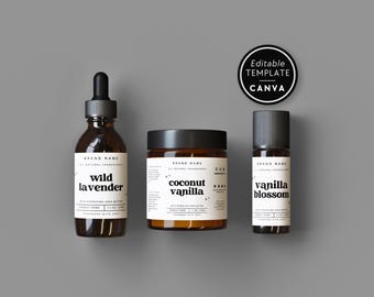 May include: Three amber glass cosmetic containers with white labels featuring black text. The left bottle has a dropper, the center is a jar, and the right is a small bottle. Labels read Wild Lavender, Coconut Vanilla, and Vanilla Blossom.