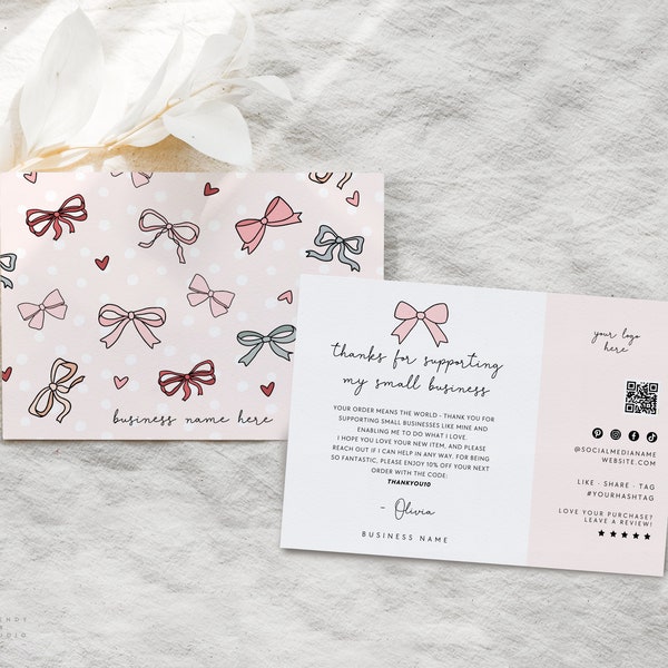 Coquette Bows Business Thank You Card Canva Template, QR Code Editable Pink Ribbons Customer Thank You Business Packaging Printable Insert