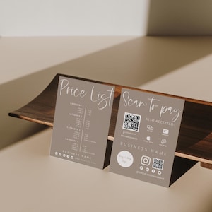 Afdrukbaar prijslijst- en betalingsbord, QR-codebordsjabloon, bewerkbaar scan-to-Pay-bord, bord geaccepteerde betalingen, Canva, Instant Download - Gwen