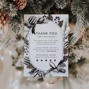 Black & White Christmas Business Thank You Card Template, Holiday Printable Thanks For Your Purchase, Business Holiday Package Insert - Mara