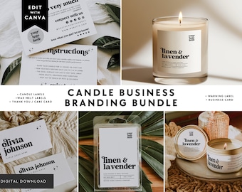 Retro Candle Business Branding Bundle | Canva Template - Candle Wax Melt Label, Thank You & Care Card, Business Card, Warning Label | Dani