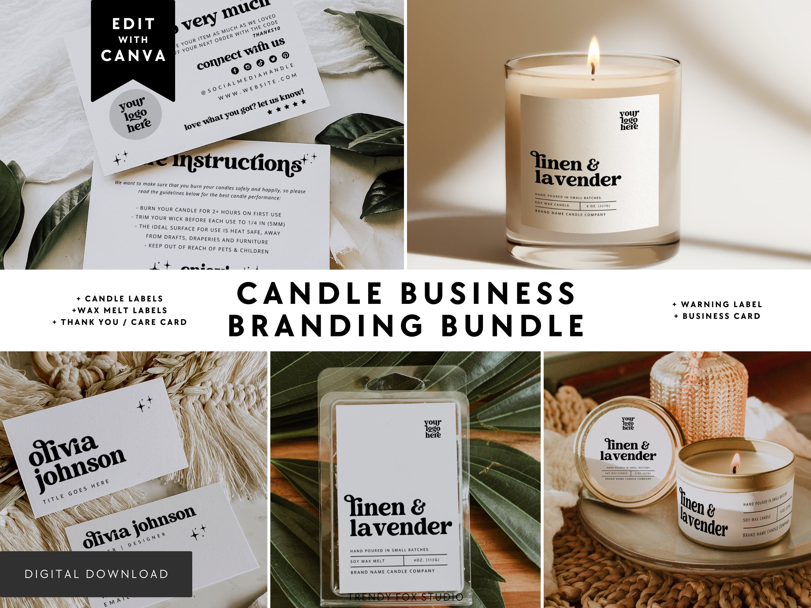 Candle & Wax Melt Warning Label Template DIGITAL DOWNLOAD Editable CANVA  Template Design 2 Circle Template 