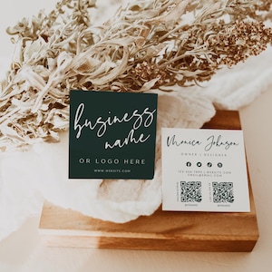 Elegant Forest Green Square Business Card Canva Template, Small Business Card with QR Codes, Business Branding Minimal Modern - Vera