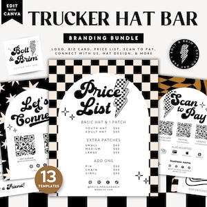 Trucker Hat Bar Signage Canva Template, Editable Hat Instruction, Printable Price List Scan to Pay Sign Hat Bar Branding, Business Card DC35