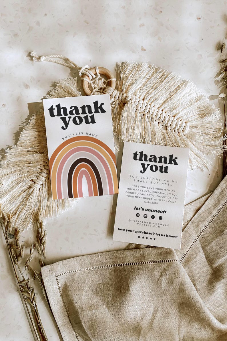 Retro Rainbow Thank You Card Canva Template, Editable Business Insert ...