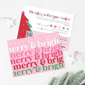 Plantilla de Canva para tarjeta de agradecimiento navideña colorida, linda tarjeta de agradecimiento navideña imprimible por su compra, inserto navideño rosa brillante para hacer usted mismo