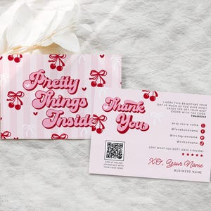 Coquette Cherry Business Thank You Card Canva Template, QR Code Editable Pink Red Bows Ribbons, Thank You Business Packaging Printable CB12