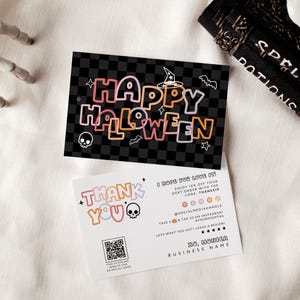 Pastel Halloween Business Thank You Card Canva Template, Editable Spooky Checkered Business Thank You Template, Package Insert, 90s Rainbow
