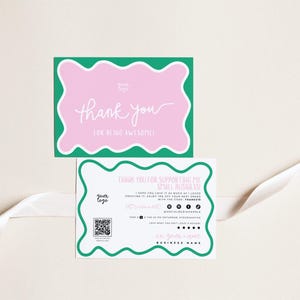 Wavy Business Thank You Card Canva Template, Cute Printable Thanks For Purchase, Wavy Border Package Insert QR code, Whimsical Squiggle