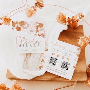 Boho Business Card Template QR Code, Floral Printable Square Business Card Design, DIY Business Branding, Editable Canva Template - Lila