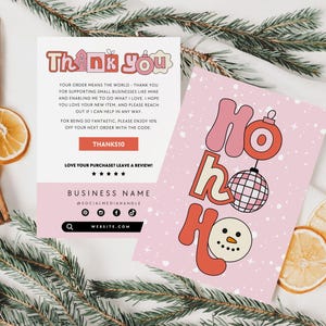 Retro Holiday Business Thank You Card Canva Template, Printable Christmas Thanks For Your Purchase Card Package Insert Groovy Christmas Bryn