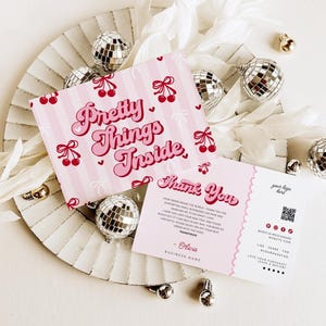 Coquette Cherry Business Thank You Card Canva Template, QR Code Editable Pink Red Bows Ribbons, Thank You Business Packaging Printable