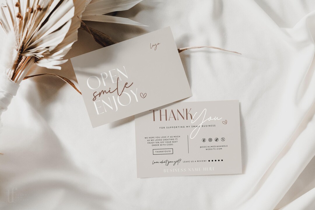 Boho Thank You Card Canva Template, Editable Neutral Package Insert ...