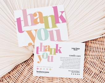 Rainbow Candle Care Card Canva Template, Business Thank You Printable, Candle Instructions Package Insert Postcard, Candle Warning - Mel