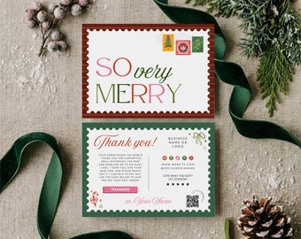 Vintage Postcard Christmas Business Thank You Canva Template, Holiday Printable Rainbow Package Insert Card