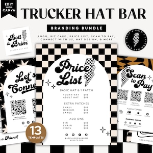 Trucker Hat Bar Signage Canva Template, Editable Hat Instruction, Printable Price List Scan to Pay Sign Hat Bar Branding, Business Card DC35