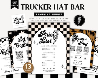 Trucker Hat Bar Signage Canva Template, Editable Hat Instruction, Printable Price List Scan to Pay Sign Hat Bar Branding, Business Card DC35