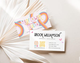 Pastel Rainbow Business Card Canva Template QR Code, Printable Y2k Business Card Design, DIY Colorful Cute Business Branding - Amara
