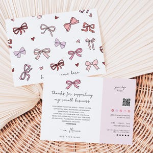 Coquette Bows Business Thank You Card Canva Template, QR Code Editable Pink Ribbons, Thank You Business Packaging Printable, Girly Bows