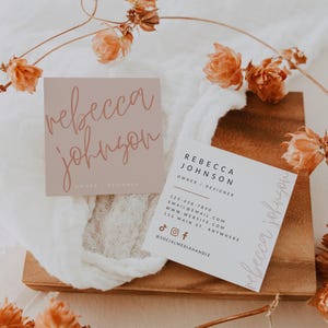 Boho Square Business Card Template Canva Template, INSTANT DOWNLOAD, Printable Feminine Blush Pink Business Card 2.5" - Honey