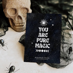 You Are Magic Celestial Business Thank You Card Canva Template, DIY Editable Goth Package Insert, Witchy Moonphase Black Thank You Postcard