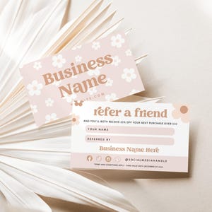 Retro Refer A Friend Business Card Template Canva, Printable Referral Discount Rewards, Editable Client Referral Card, Pastel Daisy - Dani