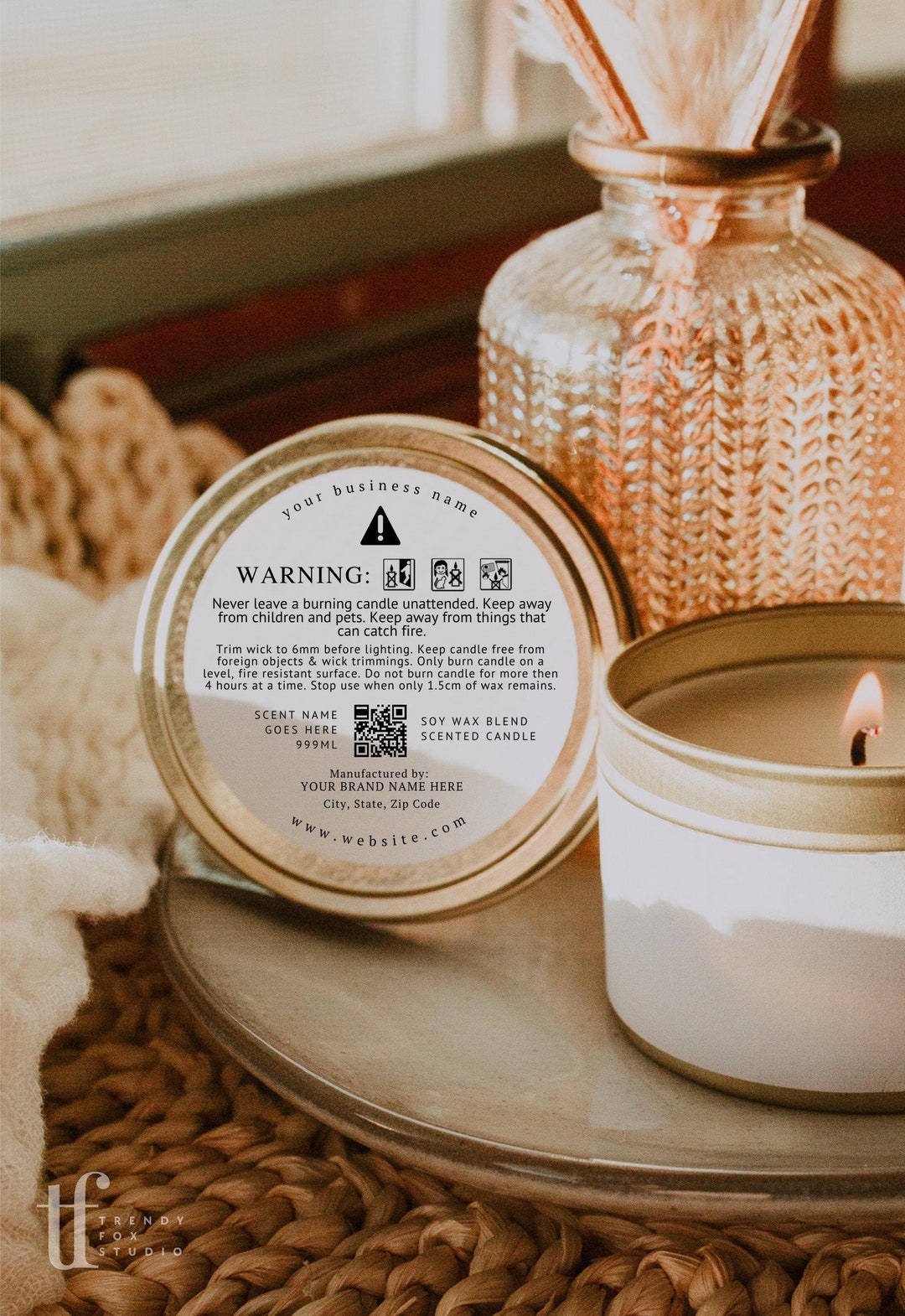 Candle Warning Label Template With Scent Name Metric, Digital Download