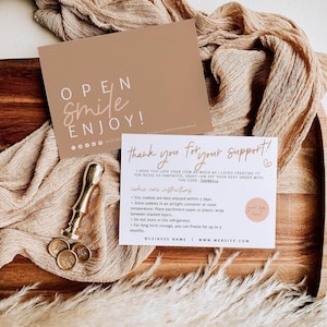 Neutral Boho Cookie Care Card Canva Template, Editable Bakery or Cake Instructions Package Insert - Willa