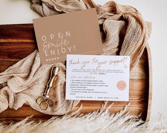 Neutral Boho Cookie Care Card Canva Template, Editable Bakery or Cake Instructions Package Insert - Willa