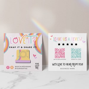 Pastel Rainbow Snap and Share Card Canva Template, QR Code Business Card, Follow Us On Social Media, Leave us a Review Card Template - Amara