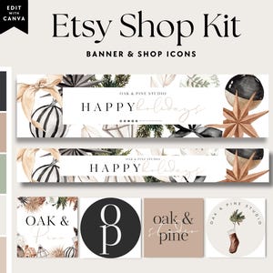 Boho Holiday Etsy Shop Kit Canva Template, Christmas Etsy Banner, Etsy Store Branding, Editable Etsy Store Banner, Hygge Cozy Neutral Banner