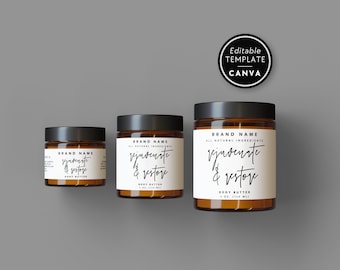 May include: Three amber glass jars with black lids and white labels. The labels feature the text BRAND NAME, ALL NATURAL INGREDIENTS, rejuvenate & restore, and BODY BUTTER. A circular black badge reads EDITABLE TEMPLATE CANVA.