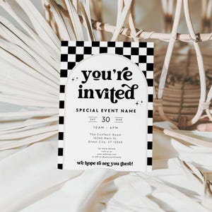 Retro Business Invitation Canva Template, Special Event Invitation, Digital You're Invited, Groovy Invite Template, Checkered Invite - Dani