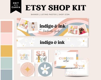 Rainbow Etsy Shop Template Kit Canva, Pastel Etsy Banner, Retro Daisy Shop Branding, Etsy Seller Template, DIY Etsy Store Branding - Dani