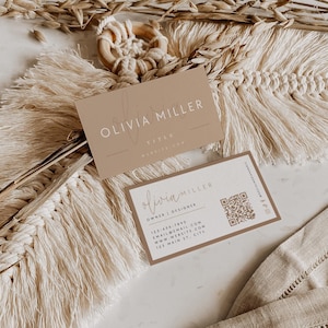 Boho Business Card Template, Printable Neutral Business Card Design with QR Code, Bohemian Editable Business Card Canva Template - Cailin