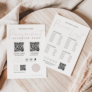 Elegant Scan to Pay Sign & Price List Template, QR Code Sign, Pricing Sheet, Printable Payment Sign, Accepted Payments + Price Guide - Carli