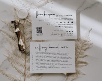 May include: Two white rectangular cards with black text. The top card says Thank you for your order with social media icons and a QR code. The bottom card is titled Cutting board care and lists maintenance instructions. A gold wax seal stamp sits nearby.