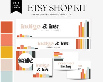 レトロなEtsyバナーCanvaテンプレート、Etsyストアブランディング、編集可能なレインボーショップバナー、グルーヴィーなショップウェブサイトバナー、レトロなストアバナー - Piper