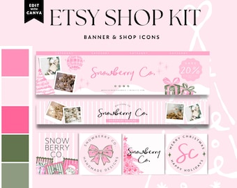 Puede incluir: Kit de tienda Etsy rosa con banners e iconos de tienda. Los banners muestran "Snowberry Co." y "Save 20%". Los iconos de la tienda incluyen "Snowberry Co." y "Merry Christmas Happy Holidays".