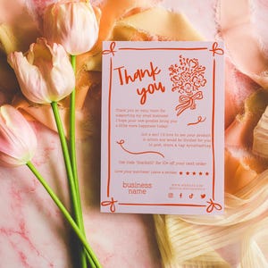 Coquette Floral Bow Business Thank You Card Canva Template, Cute Printable Thanks For Purchase, Trendy Wavy Border Insert Postcard Cielo