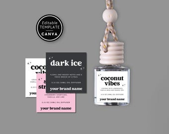 Puede incluir: Un frasco difusor de aceite de vidrio transparente con tapa de madera y cordón para colgar, con una etiqueta blanca que dice coconut vibes, coconut with lemongrass, vanilla bean and orange peel, 10ml oil diffuser, your brand name.