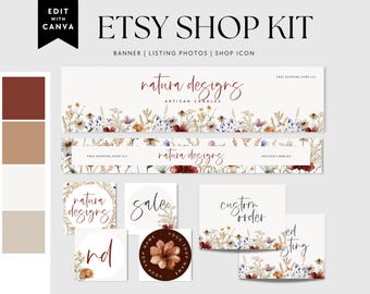 Boho Etsy Shop Kit, Etsy Banner Template, Etsy Store Branding, Editable Etsy Store Banner, Flower Shop Banner, Etsy Shop Icon Profile - Gwen