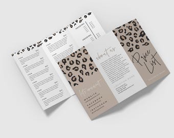 DIY Tri-Fold Leopard Price List Template, Editable Trifold Price Sheet, Brochure Pricing List, Folded Printable Salon Menu Spa Menu -Ellie