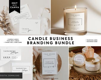 Candle Business Branding Bundle | Canva Template - Candle Label, Thank You & Care Card, Business Card, Warning Label | April