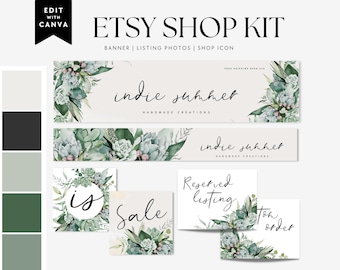 Greenery Etsy Branding Canva Template, Editable Etsy Floral Botanical Shop Banner - Harper