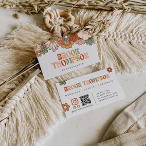 Retro Business Card Canva Template, DIY Printable Business Card, QR Code Business Card, Business Branding, Groovy Boho Business Card - Sol